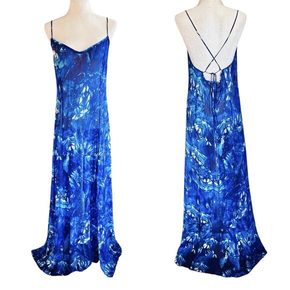 LoveShackFancy Maxi Slip Dress Womens O/S Blue Tie Dye Sheer Fairy Boho Resort - Picture 1 of 16